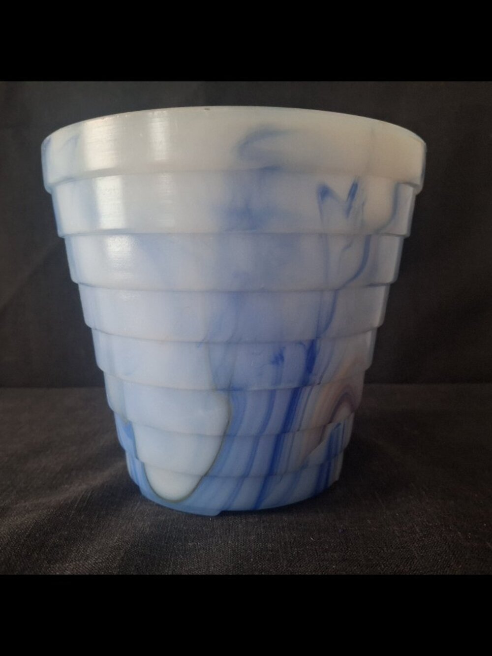 Vintage Akro Agate Blue Oxblood Marbled Slag Glass Flower Pot Stacked Disc 5"